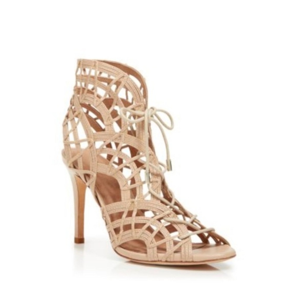 JOIE Beige Caged Padded Leah Almond Toe Stiletto Lace-Up Leather Heeled Sandal